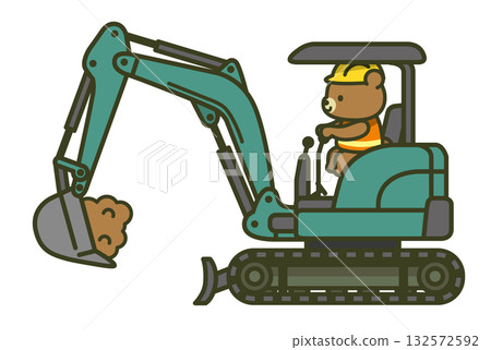 Illustration of a bear worker operating a mini excavator (mini excavator, hydraulic excavator) (construction machinery, construction vehicle, work site) Illustration of a bear worker operating a mini excavator (mini excavator, hydraulic excavator) (construction machinery, construction vehicle, work site) 132572592