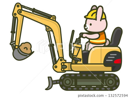 Illustration of a small excavator from the side (heavy machinery used at construction sites, operated by a rabbit worker) Illustration of a small excavator from the side (heavy machinery used at construction sites, operated by a rabbit worker) 132572594