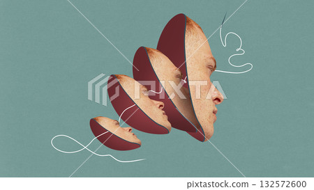 Modern artwork. Split layered human head connected with thread symbolizing therapy and psychological healing 132572600
