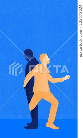 Vibrant collage. Man in orange suit walking forward leaving dark shadow behind 132572624
