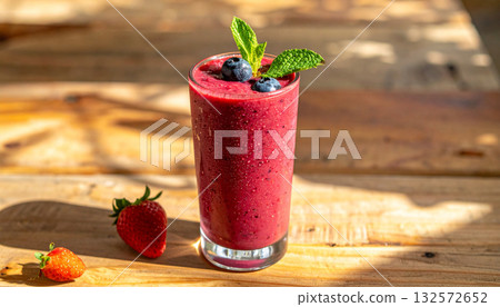 Layered Berry Smoothie in Frosted Glass. Drinks concept. Generated Image Layered Berry Smoothie in Frosted Glass. Drinks concept. Generated Image 132572652