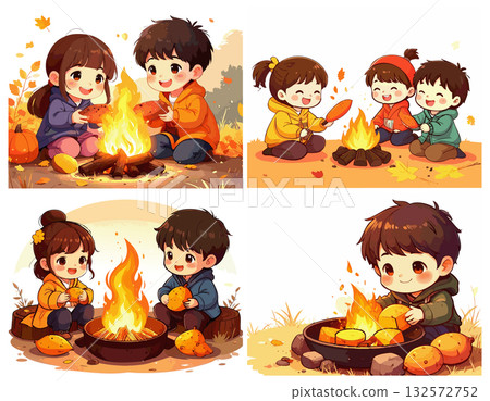 一組兒童烤地瓜的插圖 132572752