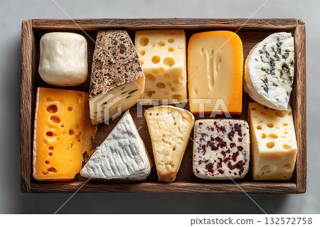 Delicious breakfast. Tray with gourmet cheese with rustic farmhouse selections. Cheese board. Top view. 132572758