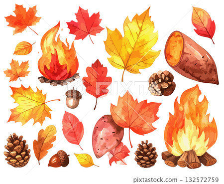落葉、橡實和營火插圖集 132572759