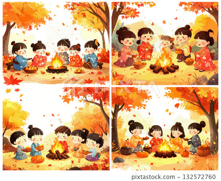 一組插畫，描繪了孩子們在秋葉覆蓋的森林裡烤紅薯的場景。 132572760