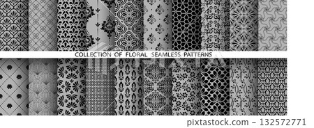 Geometric floral set of seamless patterns. Gray and black vector backgrounds. Damask graphic ornaments 132572771