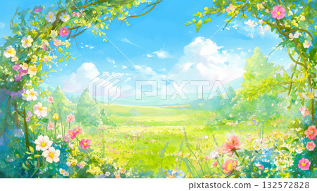 手繪春日插畫，描繪了繁花盛開的草地，陽光透過樹木灑下斑駁的光影，櫻花和野花點綴其間，藍天白雲，粉紅色和黃色的花海環繞，構成一幅柔和寧靜的自然畫卷。 132572828