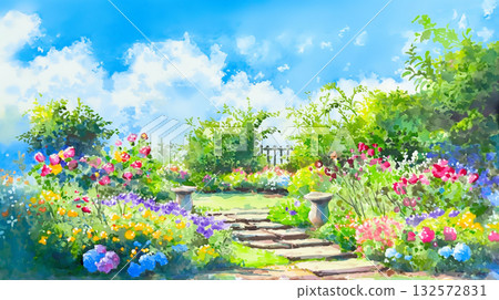 手繪春日插畫，描繪了繁花盛開的草地，陽光透過樹木灑下斑駁的光影，櫻花和野花點綴其間，藍天白雲，粉紅色和黃色的花海環繞，構成一幅柔和寧靜的自然畫卷。 132572831