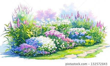 春日風景插畫，描繪了陽光下的野花、藍天、鄉村、草地、櫻花、黃色花朵，陽光透過樹葉灑下斑駁的光影，營造出一種柔和的季節氛圍。 132572843