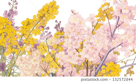 春日風景插畫，描繪了陽光下的野花、藍天、鄉村、草地、櫻花、黃色花朵，陽光透過樹葉灑下斑駁的光影，營造出一種柔和的季節氛圍。 132572844