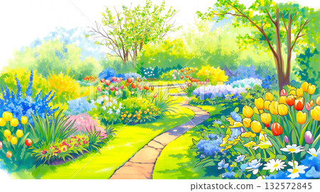 春日風景插畫，描繪了陽光下的野花、藍天、鄉村、草地、櫻花、黃色花朵，陽光透過樹葉灑下斑駁的光影，營造出一種柔和的季節氛圍。 132572845