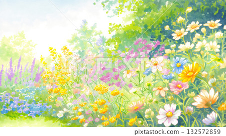 春日鄉村景色，藍天白雲，山綿延，五彩繽紛的野花競相綻放。水彩插畫。花朵隨風搖曳。田園風光。 132572859