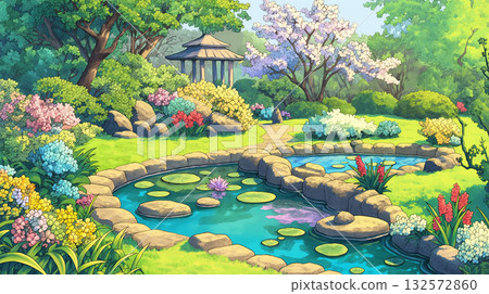 春日鄉村景色,藍天白雲,山綿延,五彩繽紛的野花競相綻放。水彩插畫。花朵隨風搖曳。田園風光。 春日鄉村景色,藍天白雲,山綿延,五彩繽紛的野花競相綻放。水彩插畫。花朵隨風搖曳。田園風光。 132572860