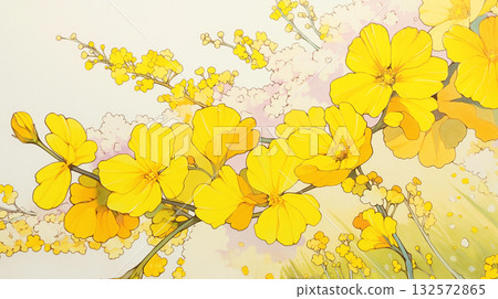 Spring countryside landscape with blue sky, mountain ranges, and colorful wildflowers. Watercolor illustration. Flowers swaying in the wind. Pastoral landscape. Spring countryside landscape with blue sky, mountain ranges, and colorful wildflowers. Watercolor illustration. Flowers swaying in the wind. Pastoral landscape. 132572865