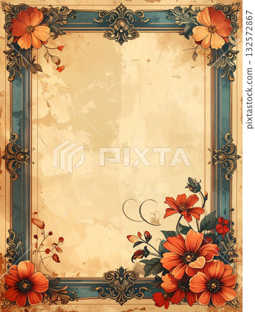 A decorative frame with a retro feel featuring the texture of old paper and floral ornaments 132572867