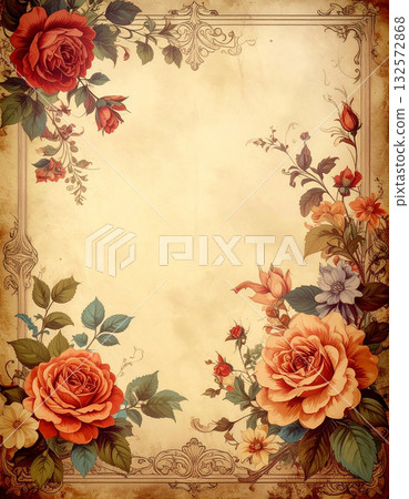 A decorative frame with a retro feel featuring the texture of old paper and floral ornaments 132572868