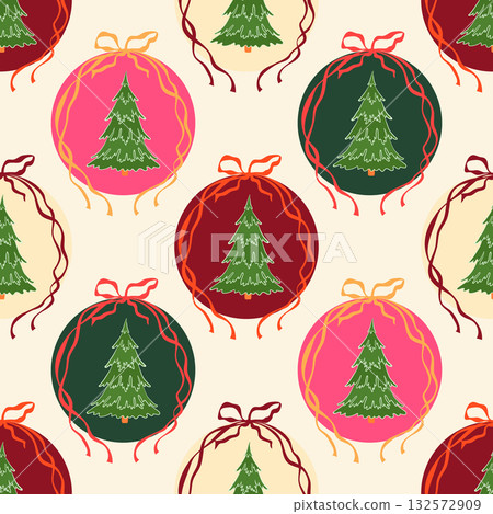 Christmas ornaments vector seamless pattern. Bright xmas baubles with fir trees and festive ribbon bows on light background. Colorful modern winter holiday decorations repeat design for wrapping Christmas ornaments vector seamless pattern. Bright xmas baubles with fir trees and festive ribbon bows on light background. Colorful modern winter holiday decorations repeat design for wrapping 132572909
