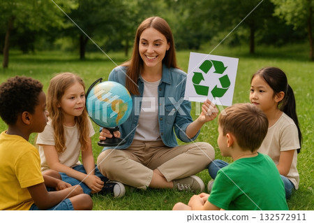 Group of children learning about recycling and the planet in a park during a sunny day 132572911