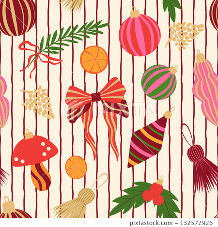 Christmas ornaments vector seamless pattern. Bright xmas baubles, mushroom decoration, festive tassels, ribbon bows on light striped background. Colorful winter holiday maximalist decor repeat design Christmas ornaments vector seamless pattern. Bright xmas baubles, mushroom decoration, festive tassels, ribbon bows on light striped background. Colorful winter holiday maximalist decor repeat design 132572926