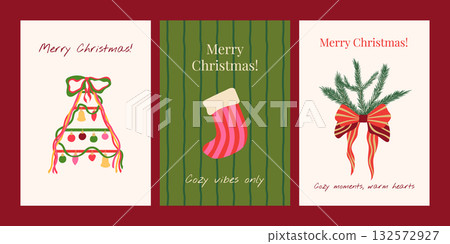 Merry Christmas vector posters set. Trendy winter holiday greeting cards templates with xmas tree, twigs, ornaments, stocking, ribbon bow and typography sayings. Modern festive wall art print, cards 132572927