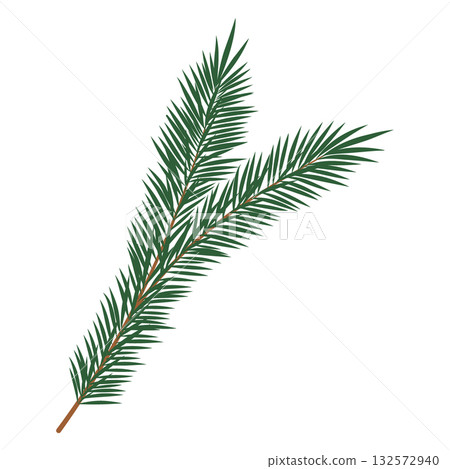 For tree branch vector illustration. Green pine twig with needles isolated on white background. Evergreen conifer holiday decoration for Christmas, winter design, cards, posters in flat cartoon style 132572940