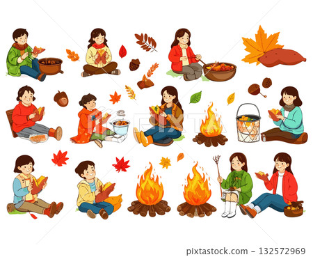 Illustration set of outdoor bonfires in autumn 132572969