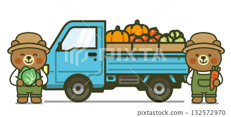 兩隻農夫熊和一輛裝載著收穫的捲心菜和胡蘿蔔的輕型卡車的插圖(耕作、收穫、可愛動物) 兩隻農夫熊和一輛裝載著收穫的捲心菜和胡蘿蔔的輕型卡車的插圖(耕作、收穫、可愛動物) 132572970