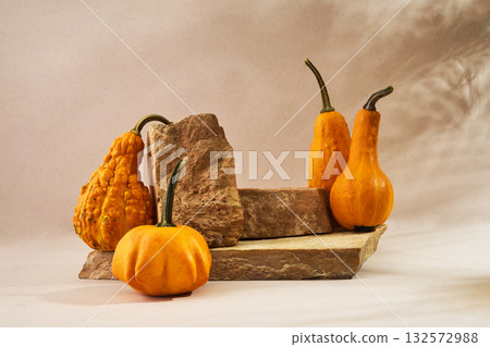 Autumn empty podium with decorative pumpkins 132572988