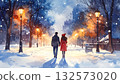 Watercolor illustration of a couple walking hand in hand on a winter night 132573020