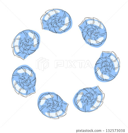 Seashell nautilus wreath in flat style. Undersea, underwater design for sea food shop, restaurant and package isolated on a white background. 132573038