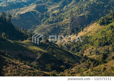 Mountain Serenity, Gentle sunlight paints mountain slopes covered in lush green forest. A tranquil view of untouched nature at Chiang Rai Province, Thailand. Mountain Serenity, Gentle sunlight paints mountain slopes covered in lush green forest. A tranquil view of untouched nature at Chiang Rai Province, Thailand. 132573151