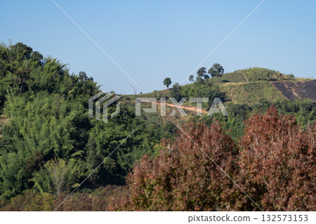 Mountain Serenity, Gentle sunlight paints mountain slopes covered in lush green forest. A tranquil view of untouched nature at Chiang Rai Province, Thailand. Mountain Serenity, Gentle sunlight paints mountain slopes covered in lush green forest. A tranquil view of untouched nature at Chiang Rai Province, Thailand. 132573153