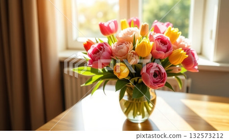 Colorful bouquet of tulips and roses arranged in a glass vase on a wooden table in a sunlit room with plants 132573212