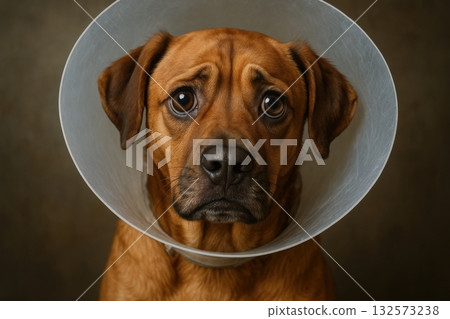 Dog wearing a protective collar looks concerned while sitting indoors before recovery after a procedure 132573238