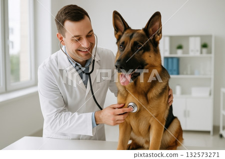 Veterinarian checks a German Shepherd dog during a routine health examination in a bright clinic environment Veterinarian checks a German Shepherd dog during a routine health examination in a bright clinic environment 132573271