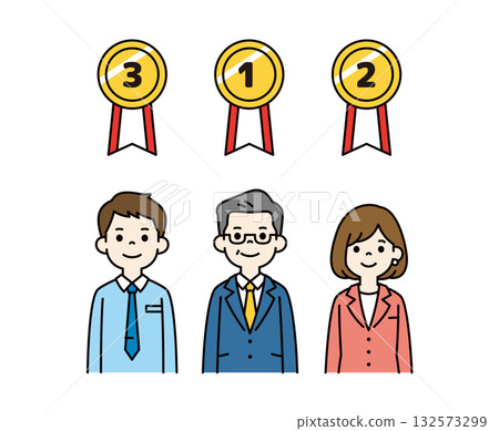 績效評估等級獎牌和上半身向量插圖集,包含經理和員工的彩色照片 績效評估等級獎牌和上半身向量插圖集,包含經理和員工的彩色照片 132573299
