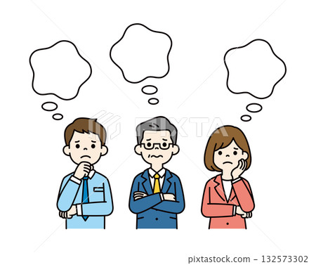 Cloud-shaped speech bubble and upper body vector illustration set of managers and employees thinking with their arms crossed_Color 132573302