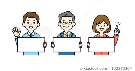 An elderly president and businessman holding a panel to announce something. Upper body vector illustration set_color 132573304