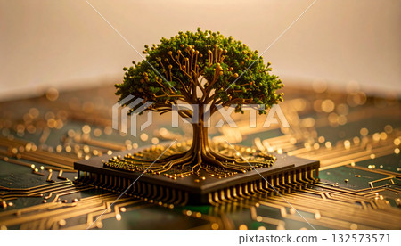 Circuit Tree Growing on AI Microchip Platform. AI themed Background. Generated Image Circuit Tree Growing on AI Microchip Platform. AI themed Background. Generated Image 132573571