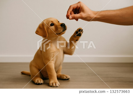 Young golden retriever puppy learns to sit and give paw for treats during a training session indoors Young golden retriever puppy learns to sit and give paw for treats during a training session indoors 132573663