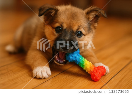 Adorable puppy plays with colorful chew toy on wooden floor in cozy indoor setting, showcasing playful personality and curiosity 132573665