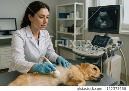 Veterinarian conducts ultrasound procedure on a golden retriever in a modern veterinary clinic during a routine check-up Veterinarian conducts ultrasound procedure on a golden retriever in a modern veterinary clinic during a routine check-up 132573666