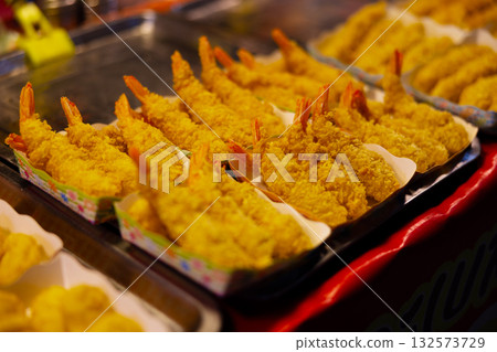 Golden fried tempura shrimp as authentic Thai street food in Koh Samui 132573729