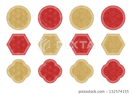 Gold and red traditional Japanese pattern frame set (hemp leaf and blue ocean wave) Gold and red traditional Japanese pattern frame set (hemp leaf and blue ocean wave) 132574155