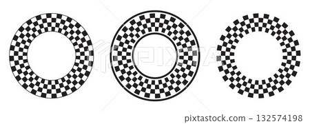 Round frames with black and white checkered print. Circles with checkerboard, rally flag or chess game plane pattern on borders. Circular geometric frameworks. Vector graphic illistration 132574198