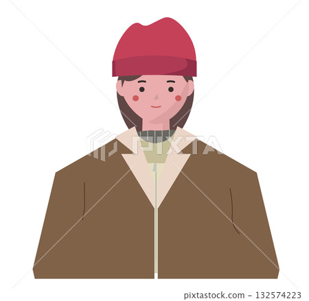Smiling woman in winter clothes. Woman wearing a duffle coat. Warm clothes. Vector illustration Smiling woman in winter clothes. Woman wearing a duffle coat. Warm clothes. Vector illustration 132574223