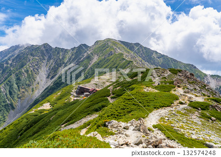 Mount Nakashirane seen from the hiking trail to Kitadake Sanso Mountain Lodge. Climbing Mount Kitadake in the Southern Alps Mount Nakashirane seen from the hiking trail to Kitadake Sanso Mountain Lodge. Climbing Mount Kitadake in the Southern Alps 132574248