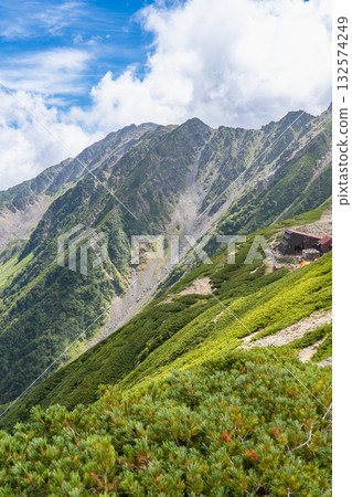 Mt. Ainotake seen from the hiking trail to Kitadake Sanso Mountain Lodge. Climbing Mt. Kitadake in the Southern Alps Mt. Ainotake seen from the hiking trail to Kitadake Sanso Mountain Lodge. Climbing Mt. Kitadake in the Southern Alps 132574249