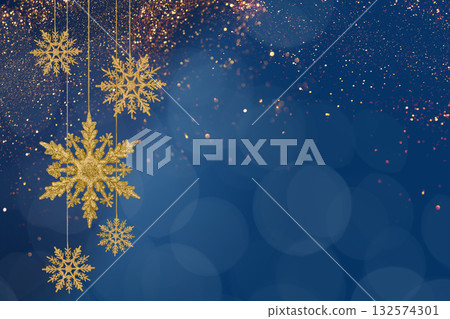 Christmas blue background of golden snowflakes on a string. Holiday card for New Year and Christmas with space for greetings, labels and your design. Christmas blue background of golden snowflakes on a string. Holiday card for New Year and Christmas with space for greetings, labels and your design. 132574301