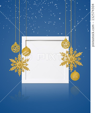 Christmas tree baubles gold color and white frame on white background. Festive winter holiday background. Design with copy space for greeting card, text, advertising, banner, invitation Christmas tree baubles gold color and white frame on white background. Festive winter holiday background. Design with copy space for greeting card, text, advertising, banner, invitation 132574304
